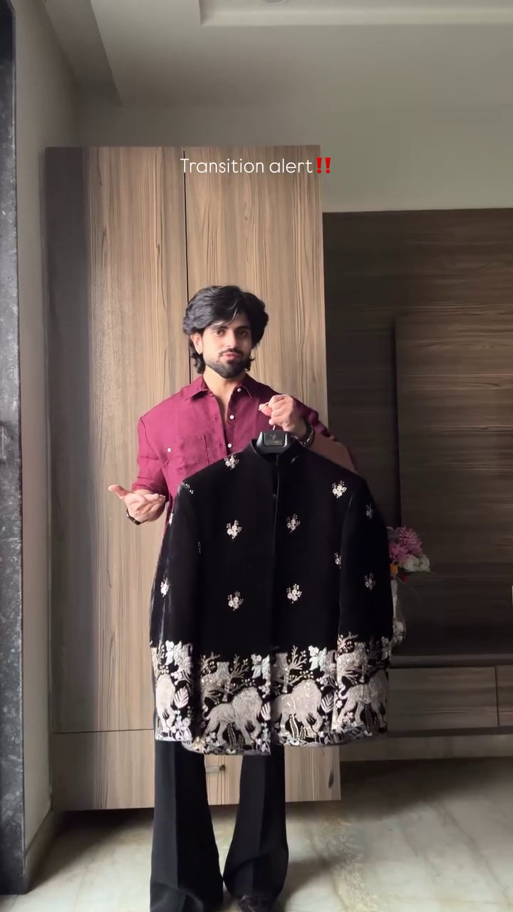 Luxury Black Velvet Bandhgala Suit with White Floral & Lion Embroidery – Premium Ethnic Formal Wear for Men