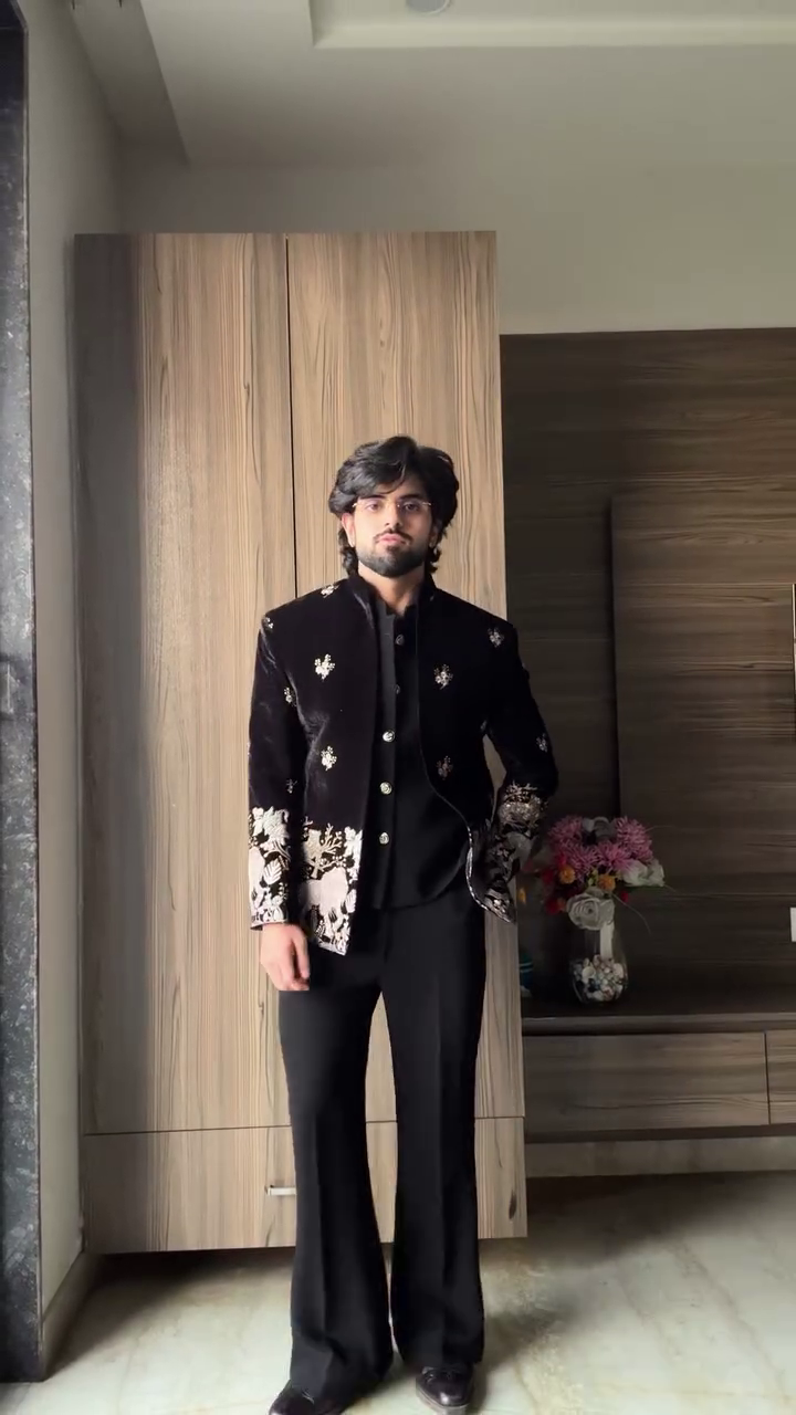 Luxury Black Velvet Bandhgala Suit with White Floral & Lion Embroidery – Premium Ethnic Formal Wear for Men