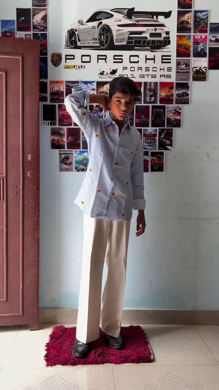 Vertical Stripe Shirt with Embroidered Sunflower Details & Matching Trousers – Chic Coordinated Casual Wear Set