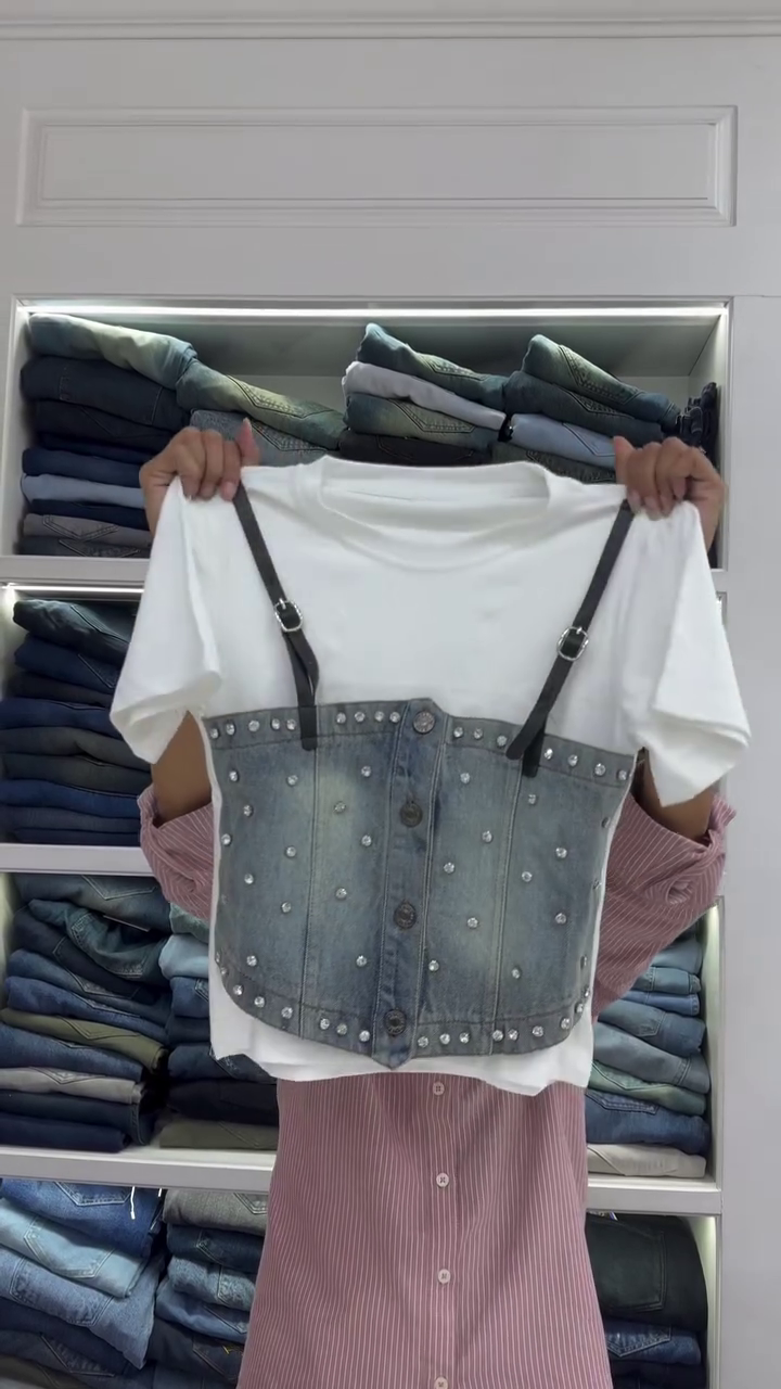 Black T-Shirt with Dark Grey Studded Denim Corset Top – Edgy Layered Street Style Statement Outfit