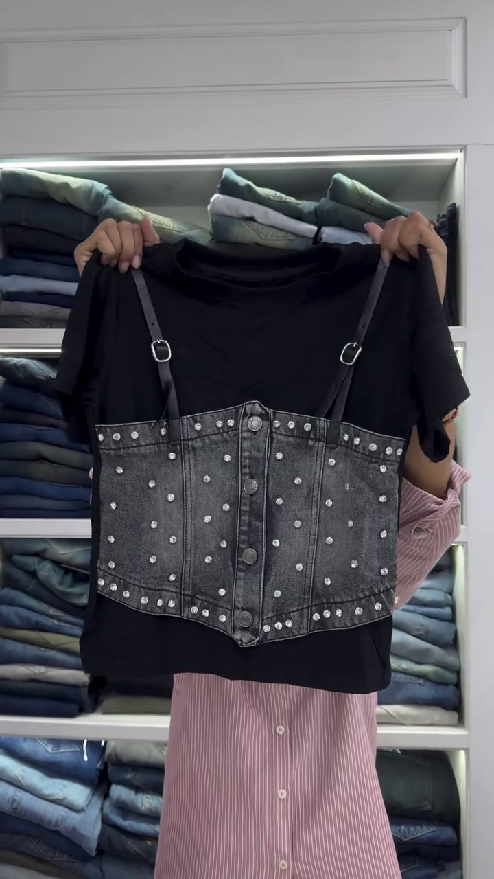 Black T-Shirt with Dark Grey Studded Denim Corset Top – Edgy Layered Street Style Statement Outfit