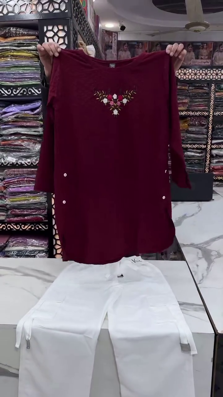 Maroon & White Embroidered Co-Ord Set with Floral Tunic and Straight Pants – Elegant Contemporary Ethnic Wear