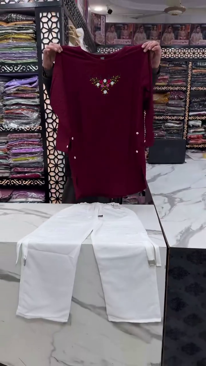 Maroon & White Embroidered Co-Ord Set with Floral Tunic and Straight Pants – Elegant Contemporary Ethnic Wear