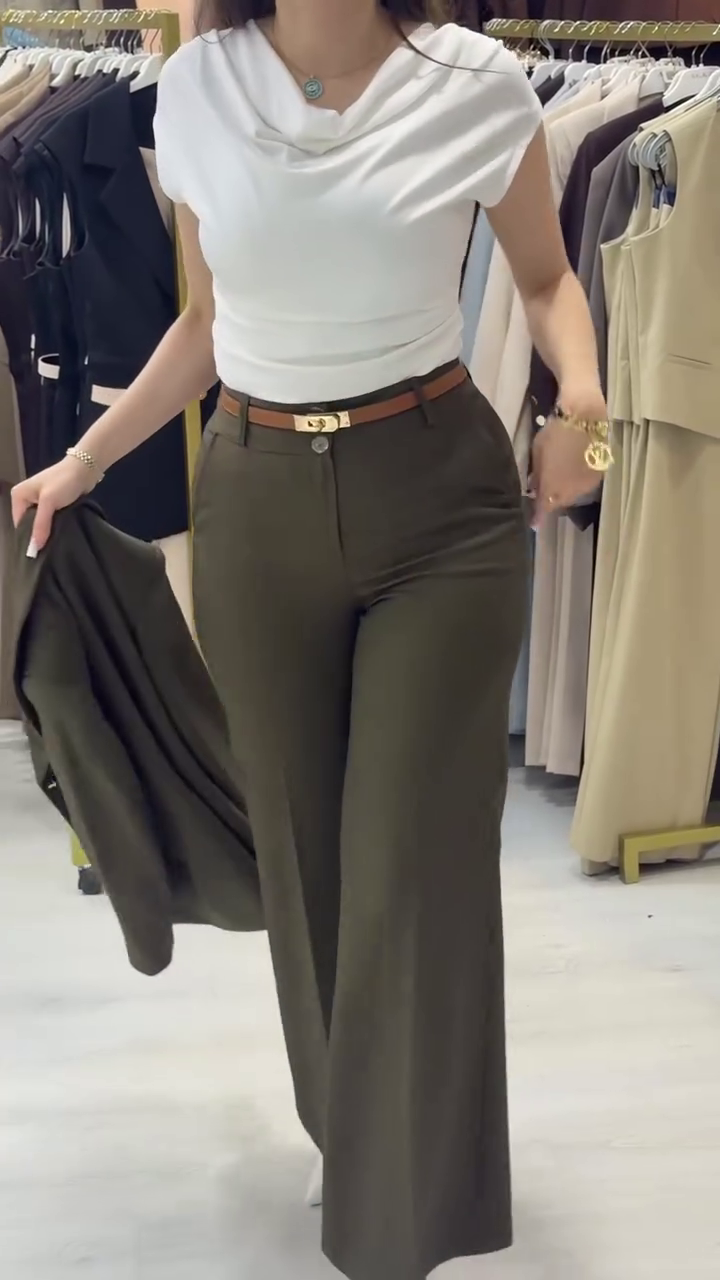 Manto Land Olive Green Suit with Gold Button Blazer & Wide-Leg Trousers – Elegant Modern Power Dressing