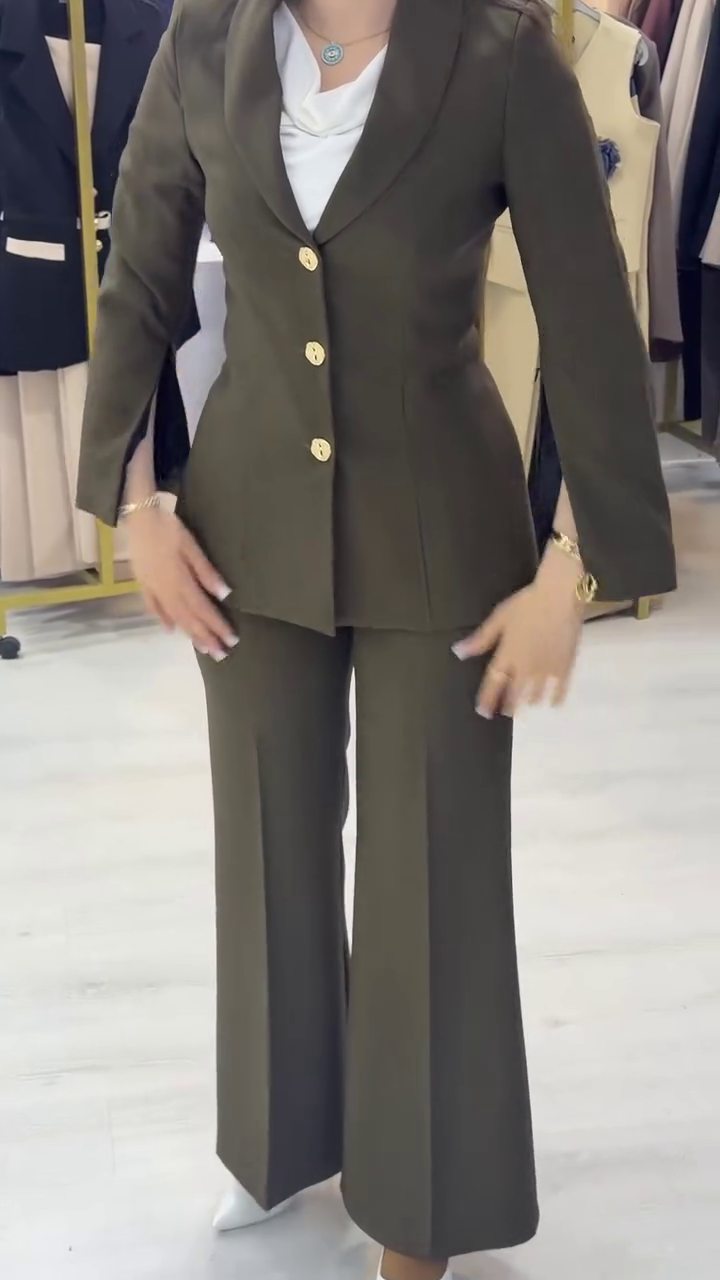 Manto Land Olive Green Suit with Gold Button Blazer & Wide-Leg Trousers – Elegant Modern Power Dressing