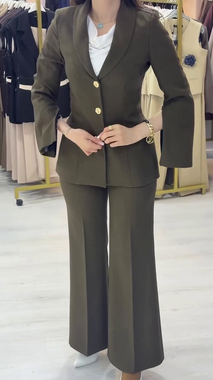 Manto Land Olive Green Suit with Gold Button Blazer & Wide-Leg Trousers – Elegant Modern Power Dressing