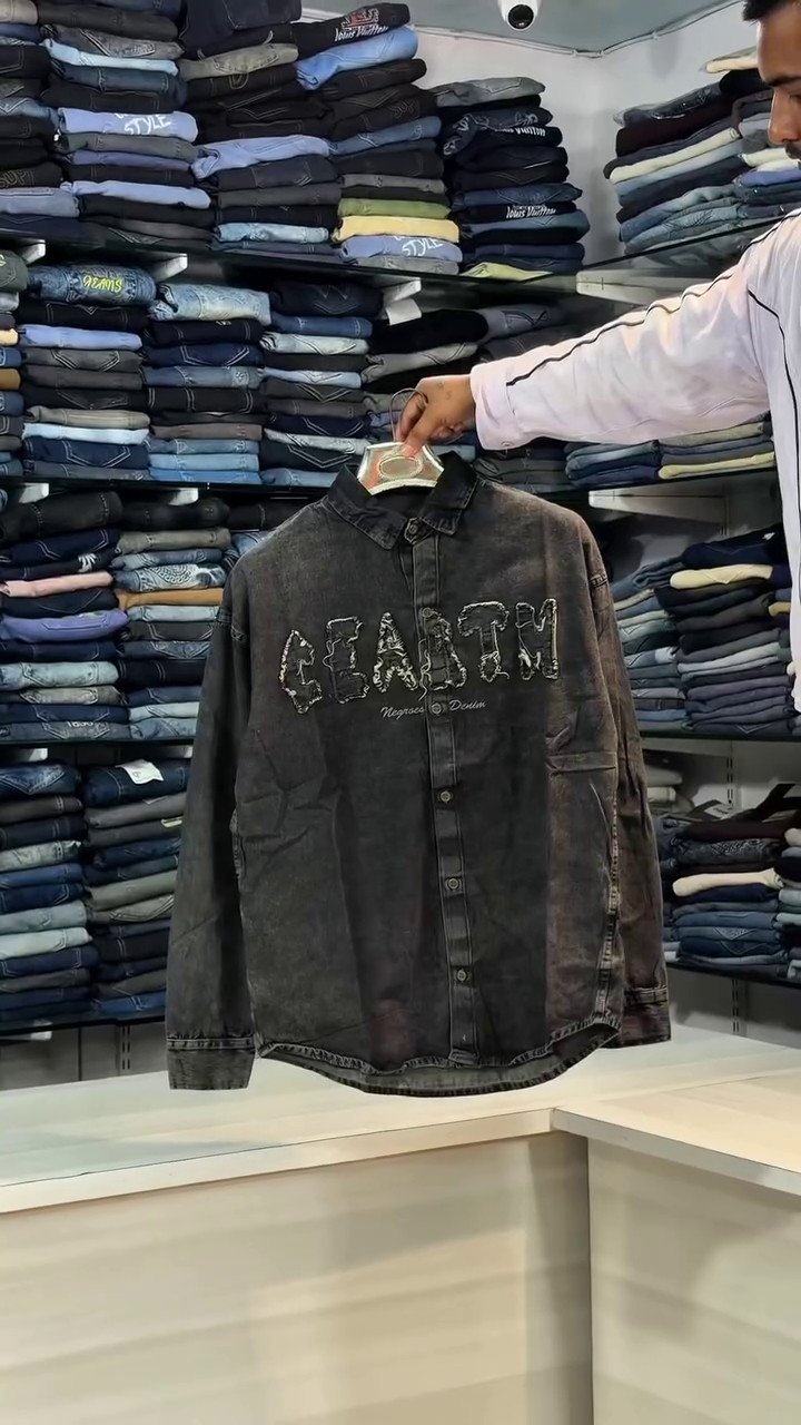 Men's Washed Black Graphic Denim Shirt
