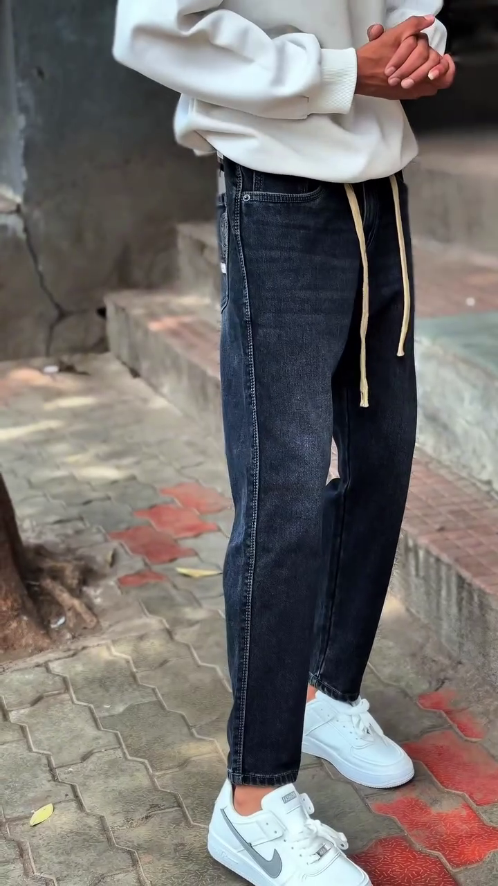 Men's Dark Wash Drawstring Slim Fit Jeans
