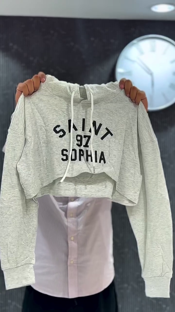 Women's Grey Cropped Hoodie with Graphic Print
