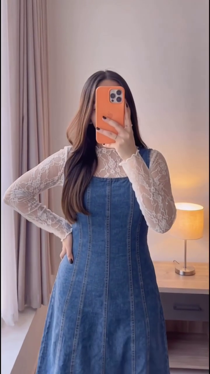 Elegant Blue Denim Midi Dress with Fitted Bodice and Sheer Floral Lace Long-Sleeve Layer