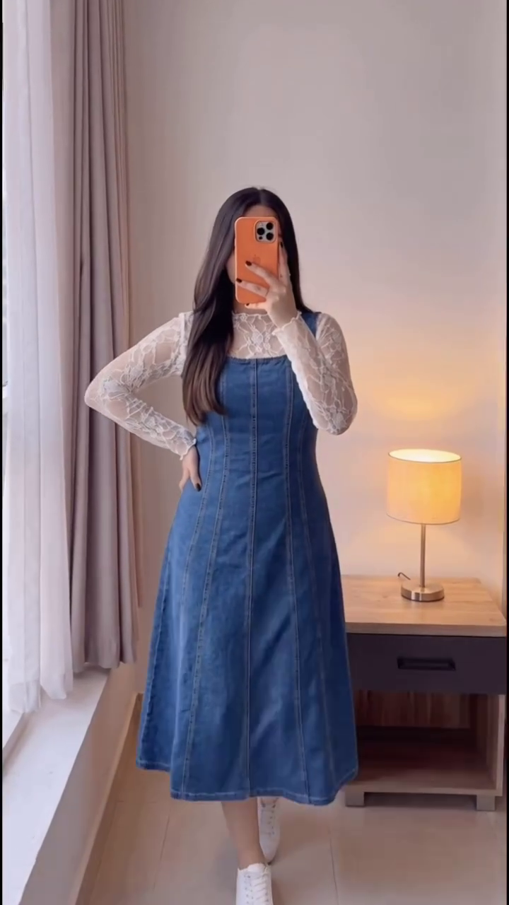 Elegant Blue Denim Midi Dress with Fitted Bodice and Sheer Floral Lace Long-Sleeve Layer