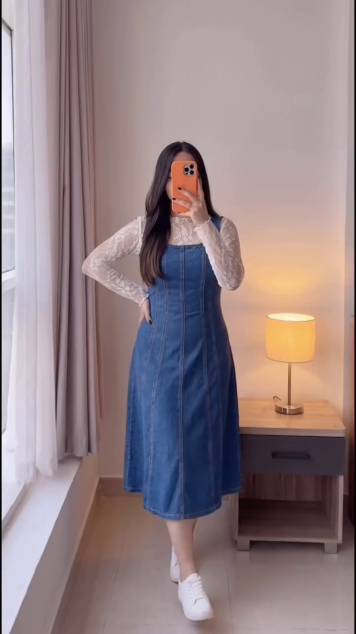 Elegant Blue Denim Midi Dress with Fitted Bodice and Sheer Floral Lace Long-Sleeve Layer
