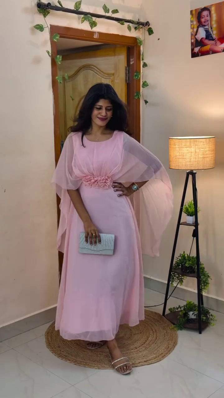 Elegant Maxi Dress with Flowing Cape Sleeves and Floral Waist Detailing for a Graceful Look