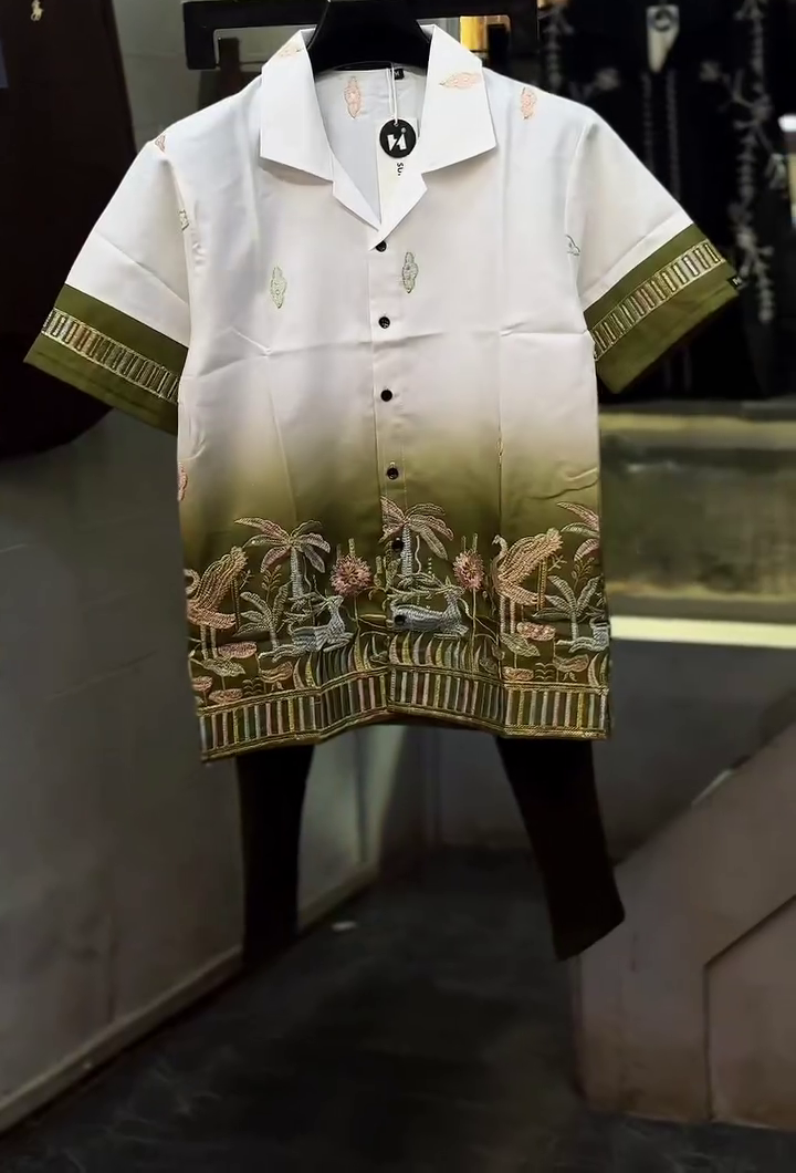 Premium Men’s Casual Shirt & Pant Set with Elegant Gradient Print, Stylish Embroidered Detailing