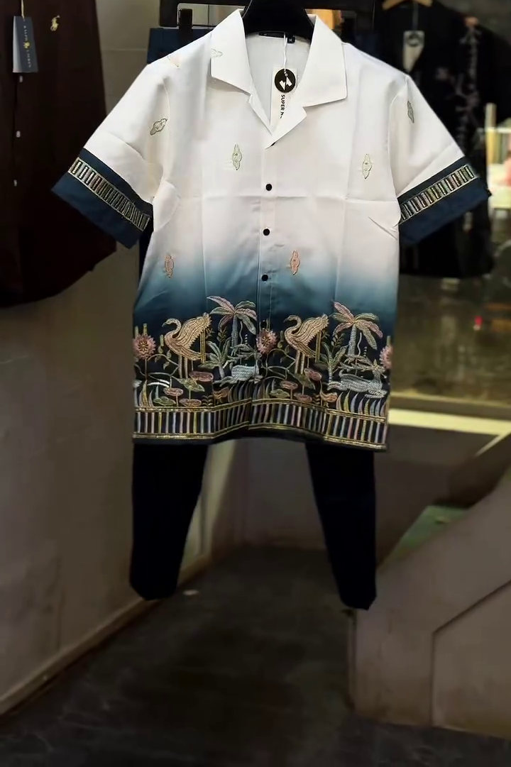 Premium Men’s Casual Shirt & Pant Set with Elegant Gradient Print, Stylish Embroidered Detailing