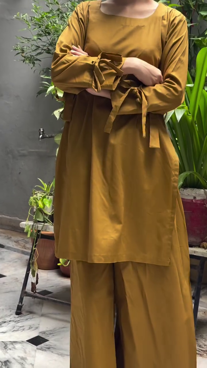 Elegant Women’s Mustard Brown Co-Ord Set with Long Sleeve Tunic Top and Wide-Leg Pants, Outings, Parties, Travel & Everyday Fashion