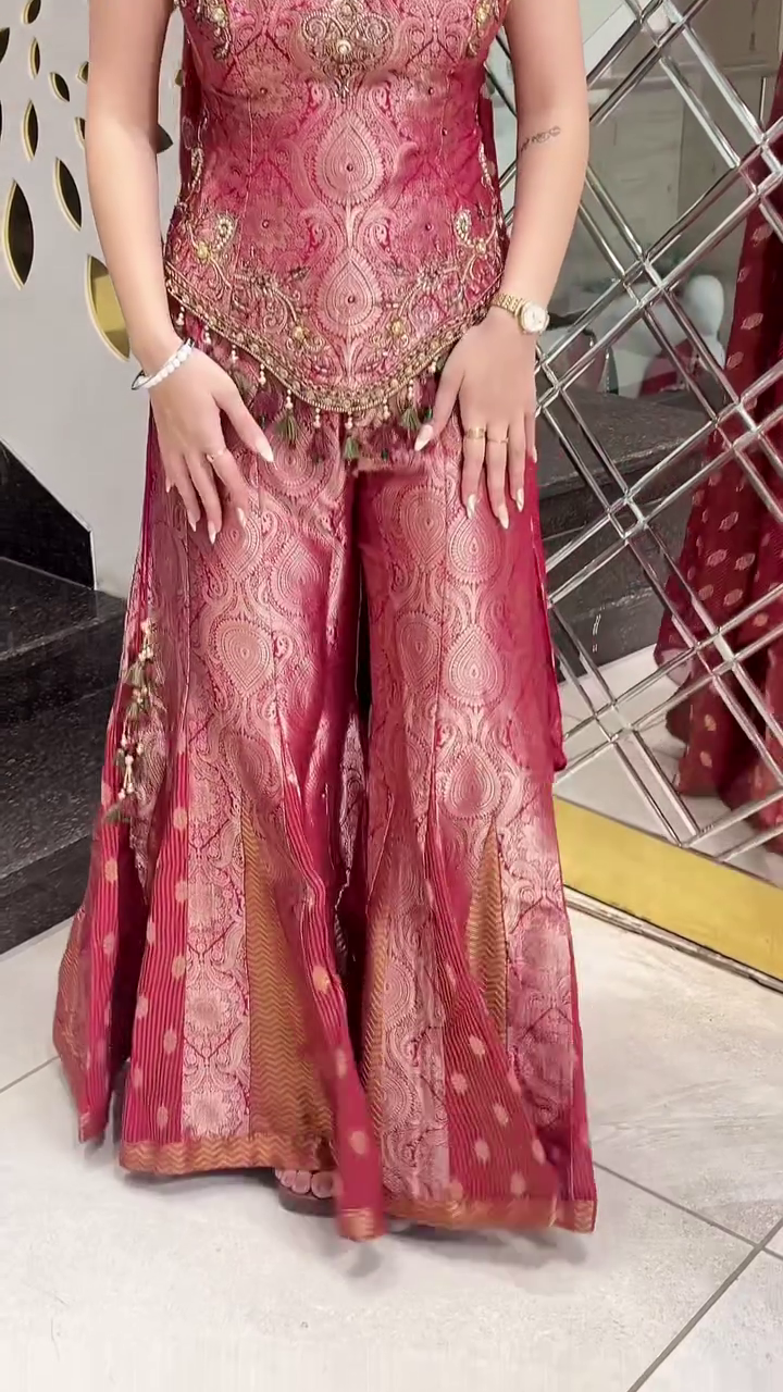 Elegant Rose Pink Jacquard Palazzo Suit Set with Embellished Kurti & Dupatta – Festive Ethnic Wear