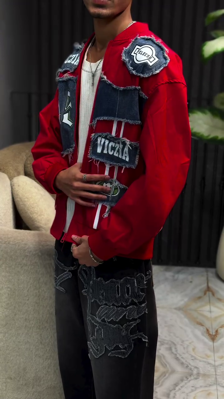 Premium Red Patchwork Denim Jacket – Bold Streetwear Style for Men