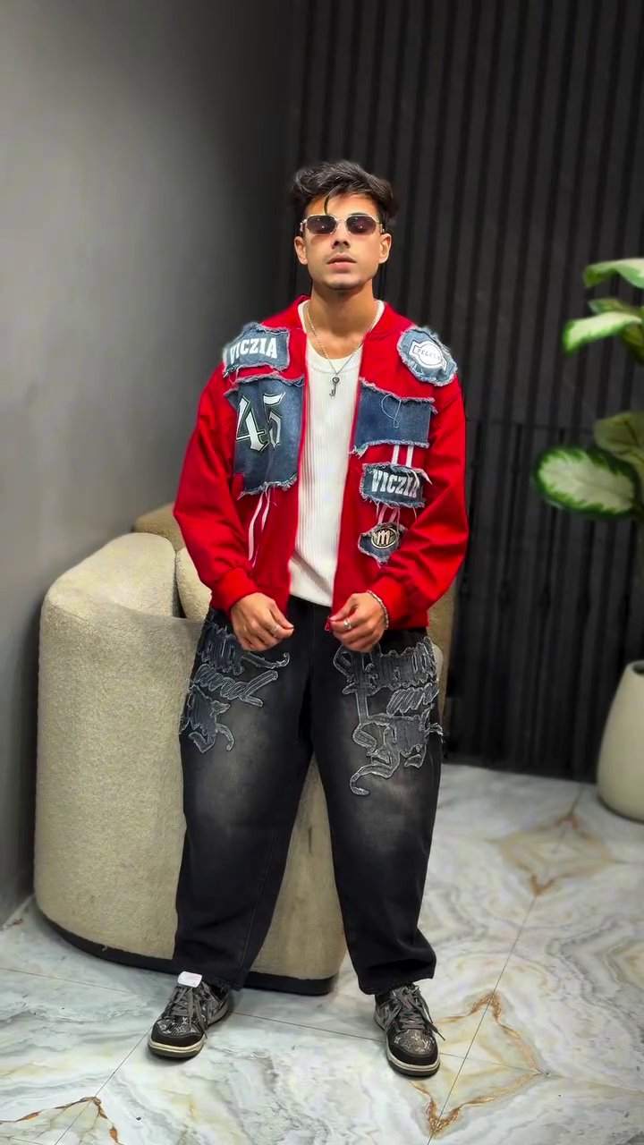 Premium Red Patchwork Denim Jacket – Bold Streetwear Style for Men