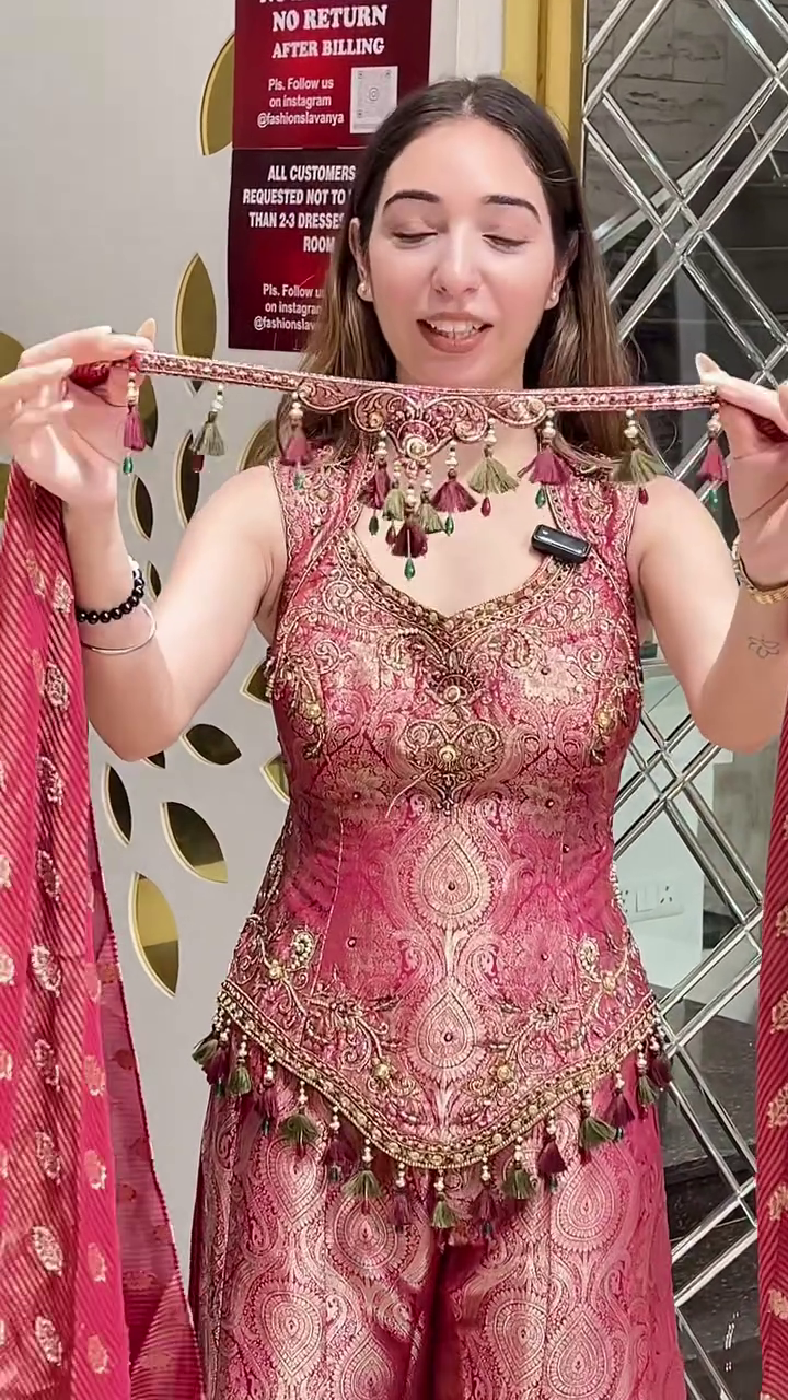 Elegant Rose Pink Jacquard Palazzo Suit Set with Embellished Kurti & Dupatta – Festive Ethnic Wear