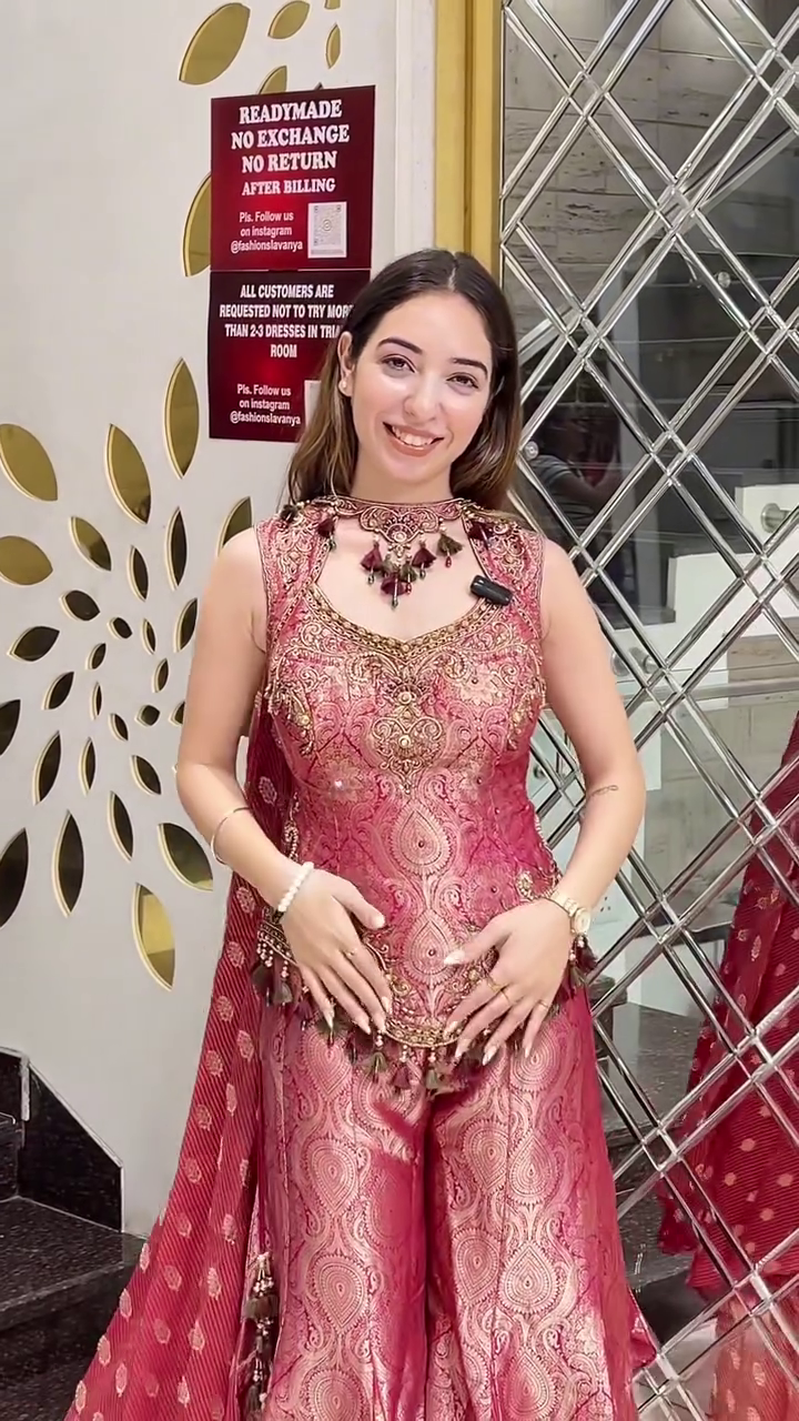Elegant Rose Pink Jacquard Palazzo Suit Set with Embellished Kurti & Dupatta – Festive Ethnic Wear