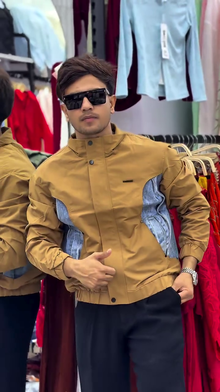 Premium Tan Utility Jacket with Denim Panel Detailing – Modern Casual Outerwear for Men
