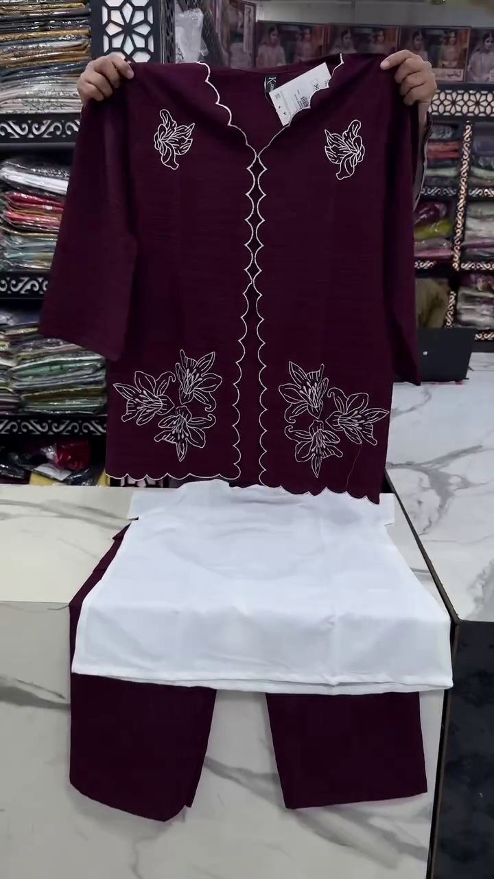 Elegant Maroon Embroidered Kurta with White Inner Layer & Matching Pants – Stylish Traditional Ethnic Wear Set for Women