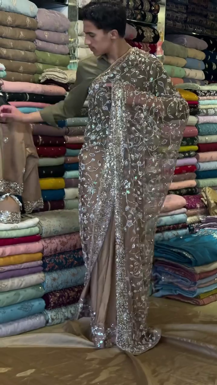 Elegant Embroidered Party Wear Dress with Intricate Silver Sequin Work