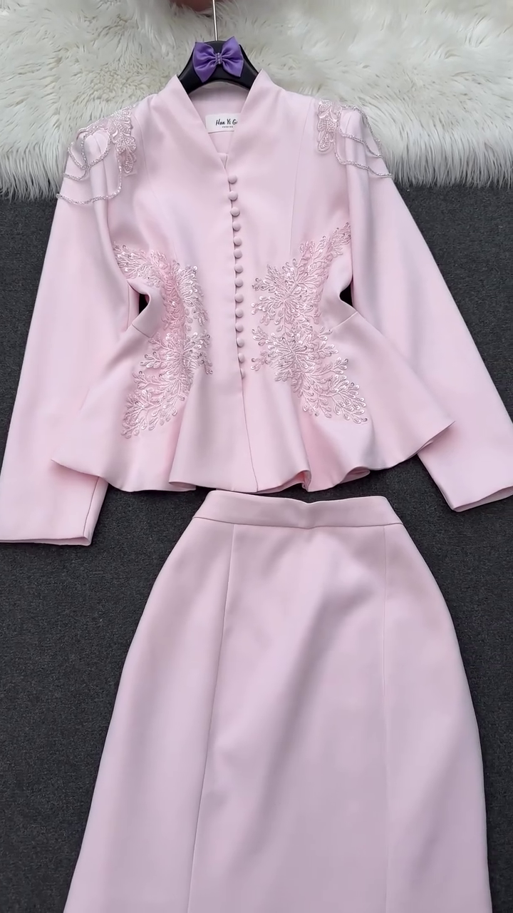 Elegant Embroidered Peplum Top and Skirt Set