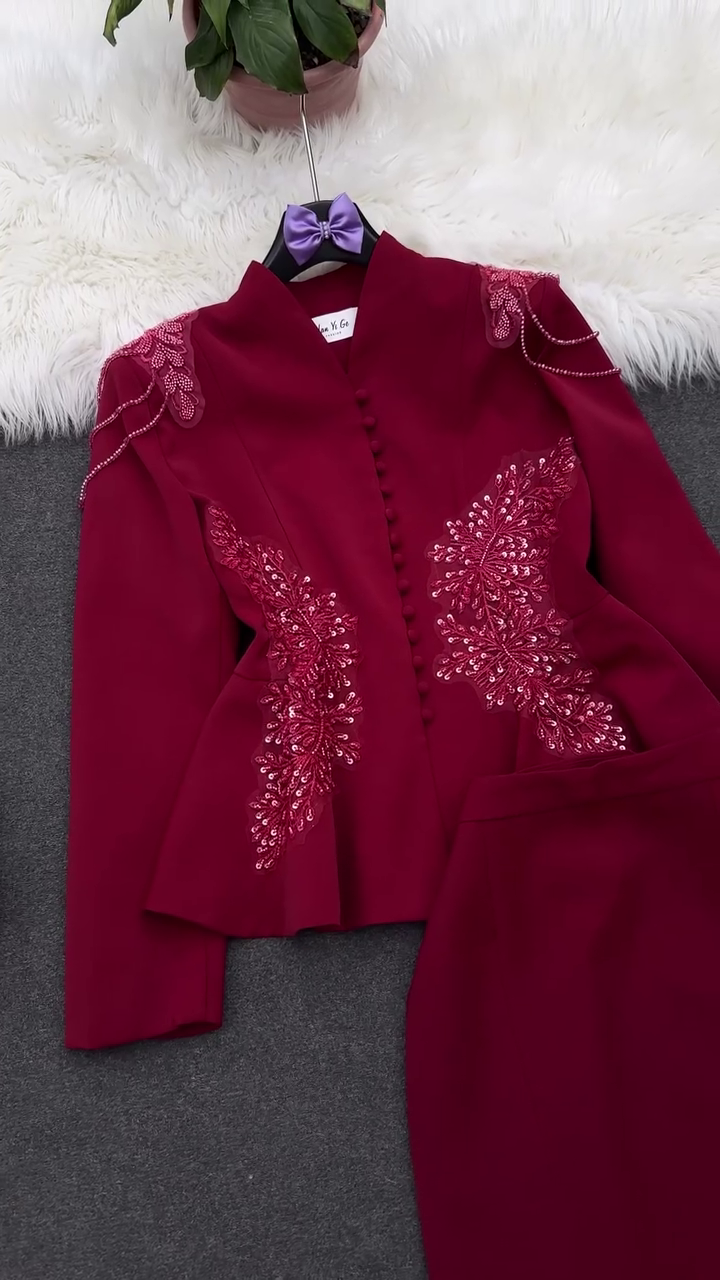 Elegant Embroidered Peplum Top and Skirt Set