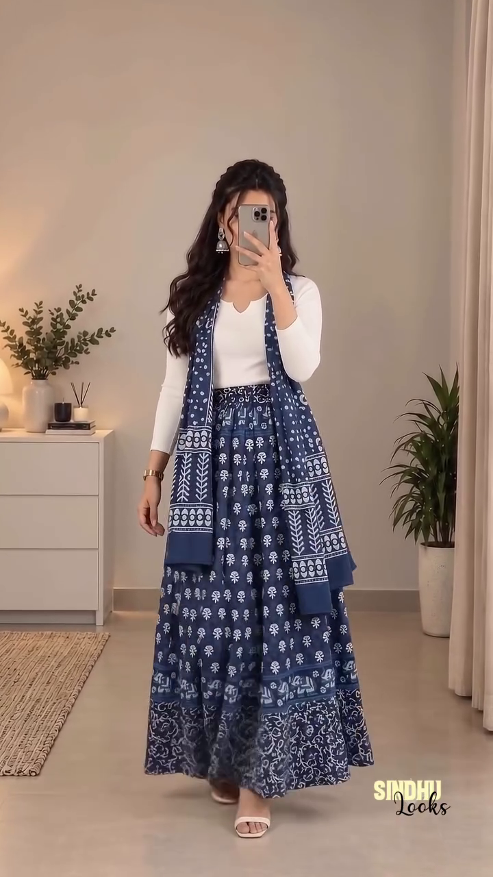 Elegant Navy Blue Printed Lehenga Set with Dupatta – Graceful Ethnic Style for Every Occasion