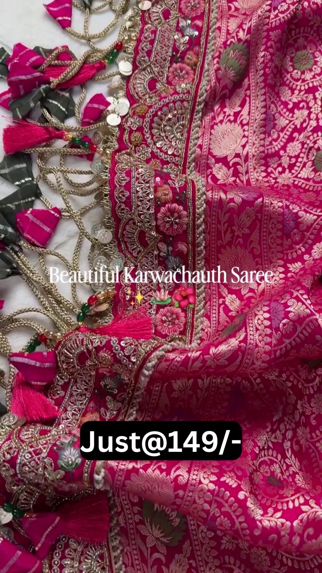 Beautiful Pink Karwa Chauth Saree with Heavy Embroidered Border & Designer Tassels