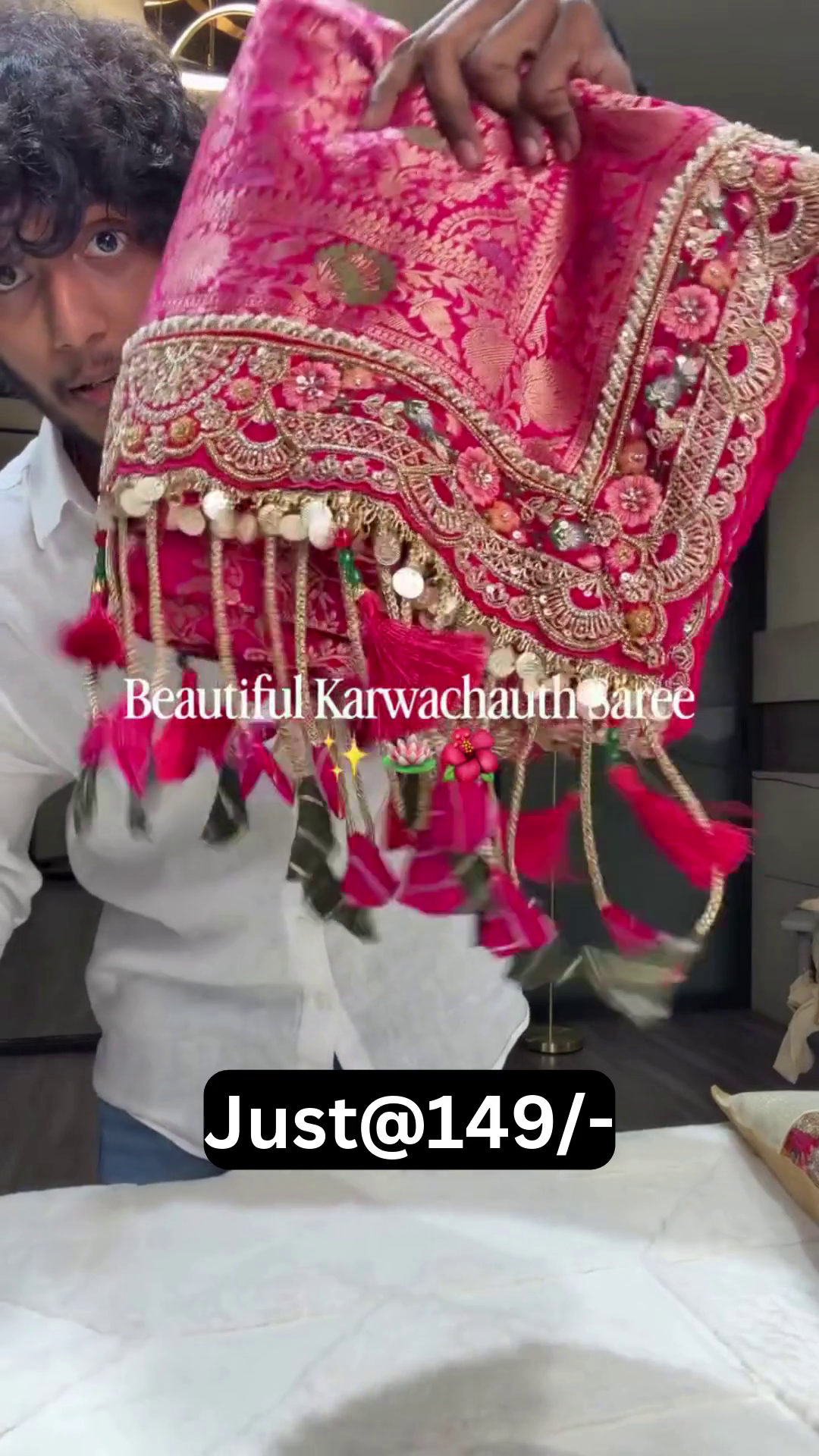 Beautiful Pink Karwa Chauth Saree with Heavy Embroidered Border & Designer Tassels