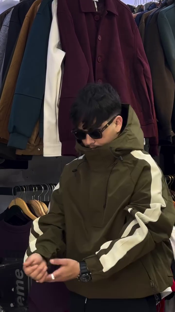 Trendy Olive Green Oversized Windbreaker Jacket with Bold White Stripes – Modern Streetwear Style