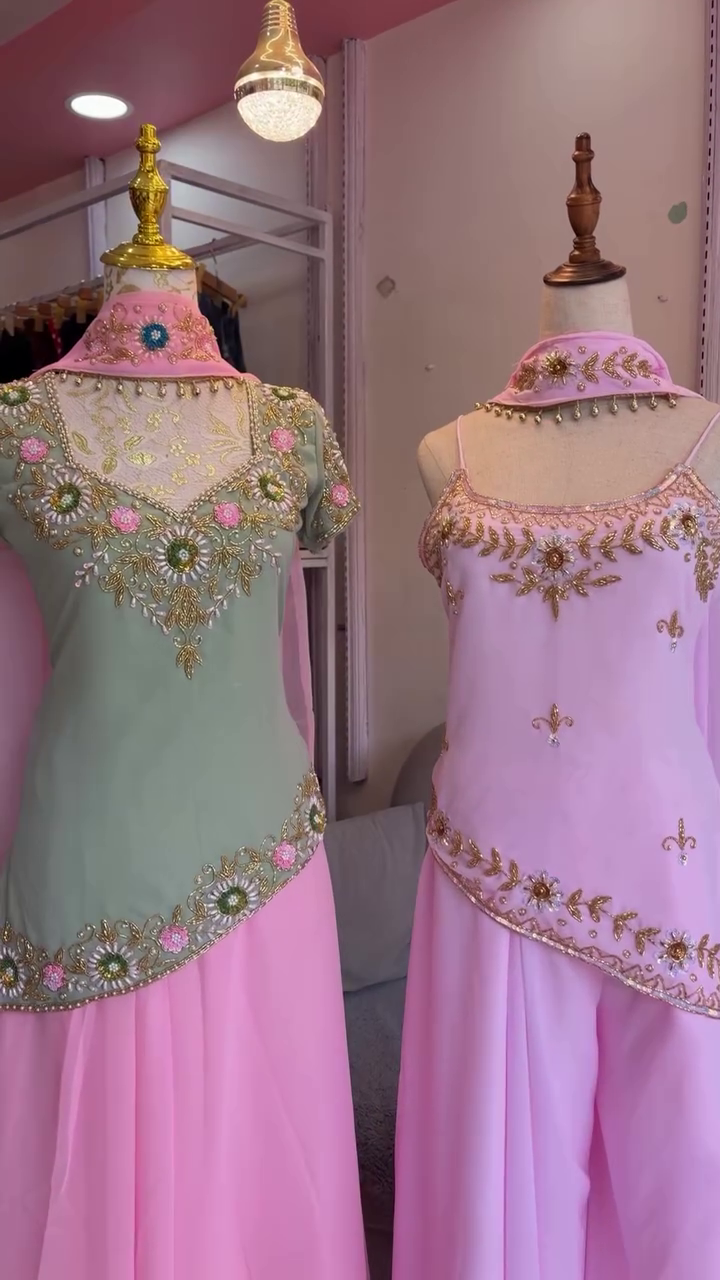 Gorgeous Pink and Mint Green Embroidered Sharara Suit – Elegant Designer Ethnic Wear for Women