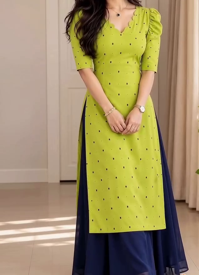 Stylish Lime Green Kurti with Navy Blue Sharara – Trendy Indo-Western Ethnic Wear for Women
