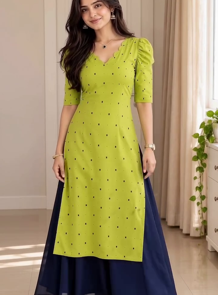 Stylish Lime Green Kurti with Navy Blue Sharara – Trendy Indo-Western Ethnic Wear for Women