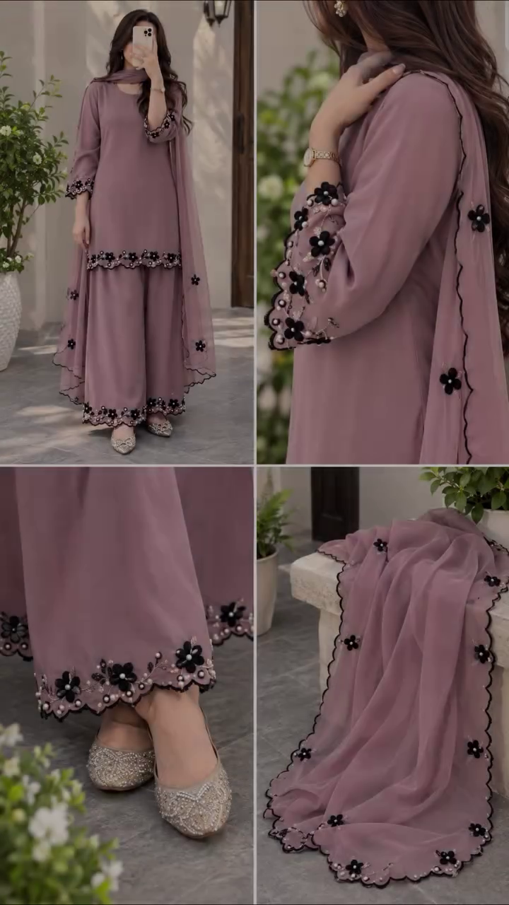 Elegant Mauve Purple Embroidered Sharara Suit with Floral Lace Work and Matching Dupatta