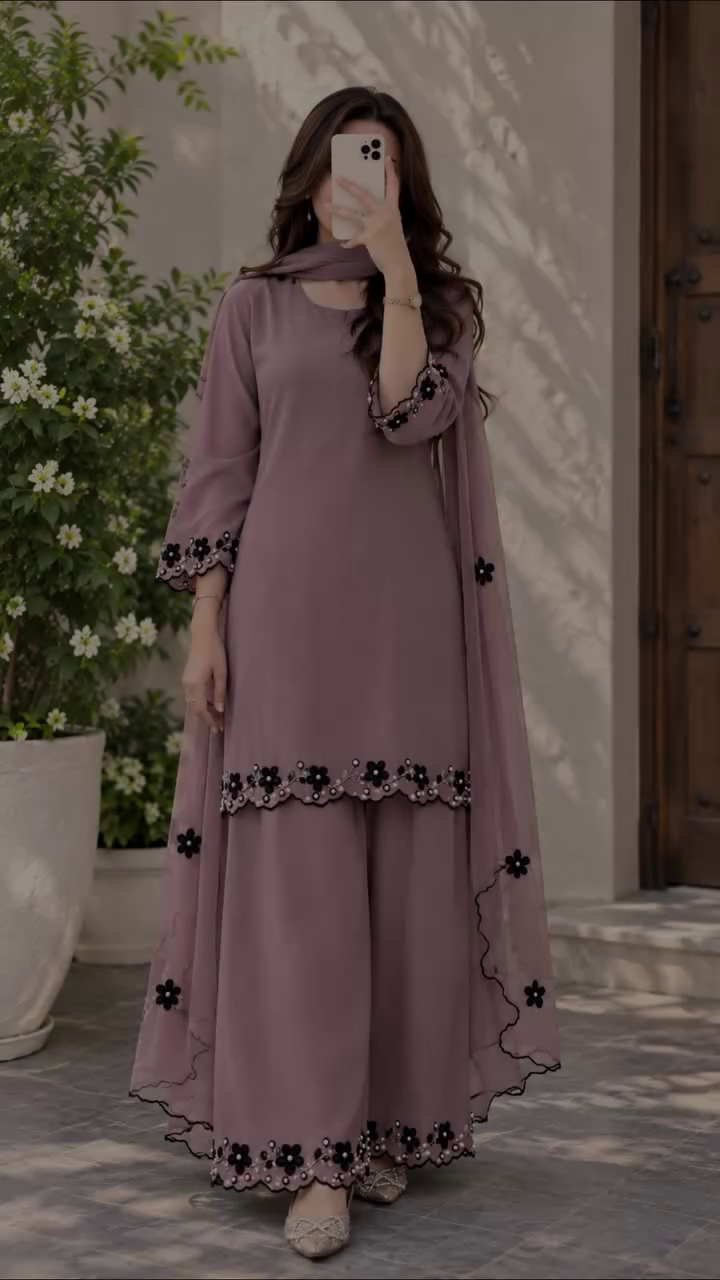 Elegant Mauve Purple Embroidered Sharara Suit with Floral Lace Work and Matching Dupatta