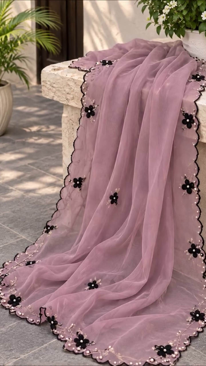 Elegant Mauve Purple Embroidered Sharara Suit with Floral Lace Work and Matching Dupatta