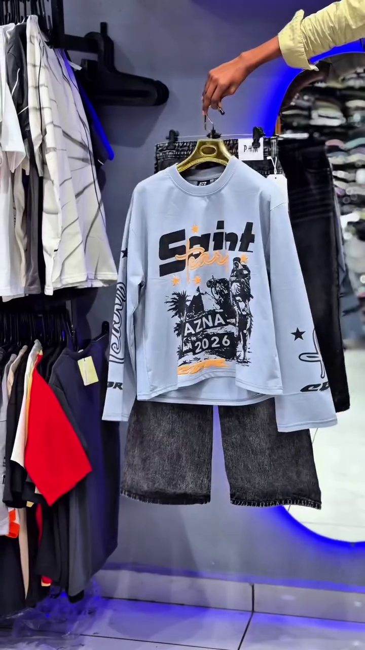 Trendy Teal  Graphic Sweatshirt with Black Denim Shorts – Stylish Casual Outfit for Boys