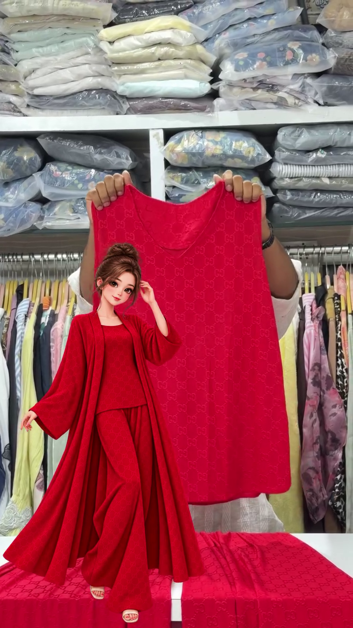 Elegant Red Three-Piece Lounge Set for Women – Stylish Comfort for Everyday Wear